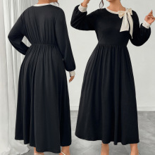 外贸大码赫本风撞色立体蝴蝶结连衣裙女秋冬复古显瘦遮肚黑色长裙