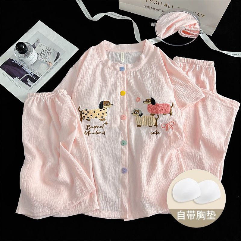 Pijama de tres piezas para mujer verano con almohadilla para el pecho Yunduo Red de algodón Transfronterizo cómodo traje de servicio a domicilio de estudiante de manga corta de dibujos animados