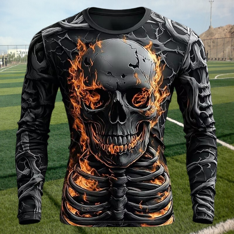 3D Flame Skull Pattern T-Shirt Men's Long Sleeve Casual Fashion T-Shirt Top Breathable Street Style Loose T-Shirt 3D Flame Skull Pattern T-Shirt Men's Long Sleeve Casual Fashion T-Shirt Top Breathable Street Style Loose T-Shirt