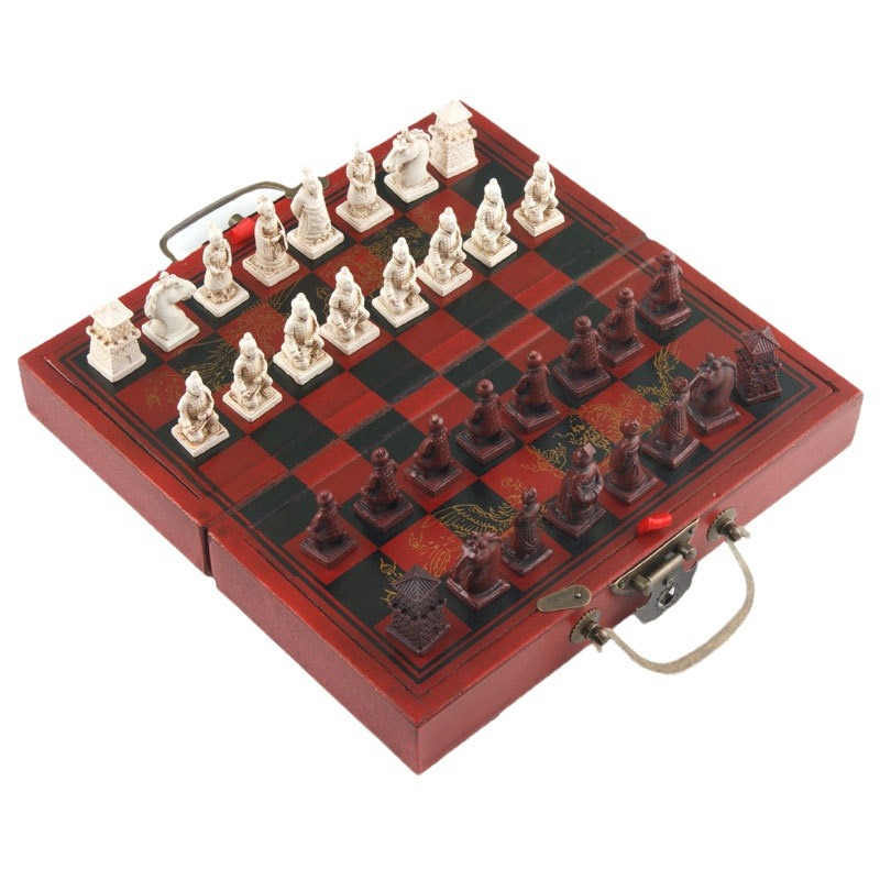 Ajedrez antiguo tamaño pequeño Xi'an Terra Cotta Guerreros piezas de ajedrez tablero de ajedrez de madera plegable piezas de ajedrez tridimensionales regalo de Navidad Cruz