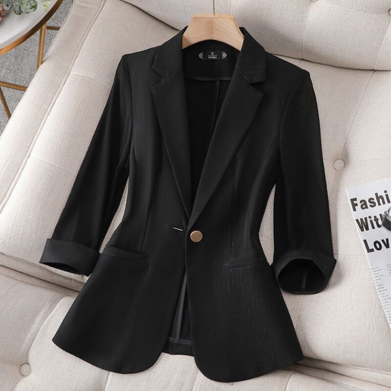 Black Chiffon Three-Quarter Sleeve Suit Jacket for Women Summer Thin 2025 New Large Size Small High-End Suit Black Chiffon Three-Quarter Sleeve Suit Jacket for Women Summer Thin 2025 New Large Size Small High-End Suit
