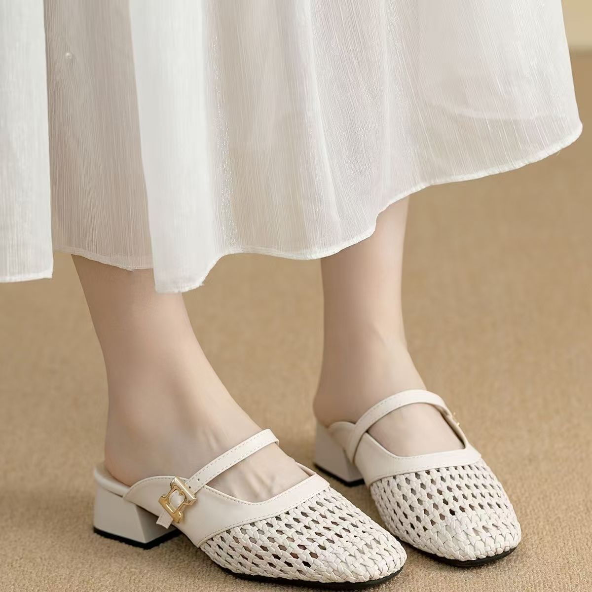 Sandalias de Tacón Medio con Perlas para Mujer PU Suela de Caucho