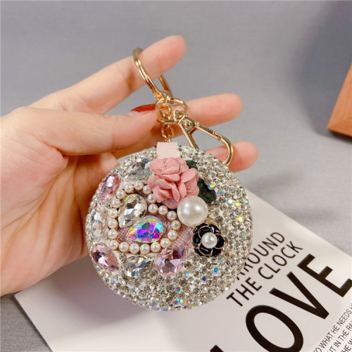 Creative Diamond Mountain Camellia Makeup Mirror Car Keychain Creative Round Small Mirror Bag Pendant Portable Touch-up