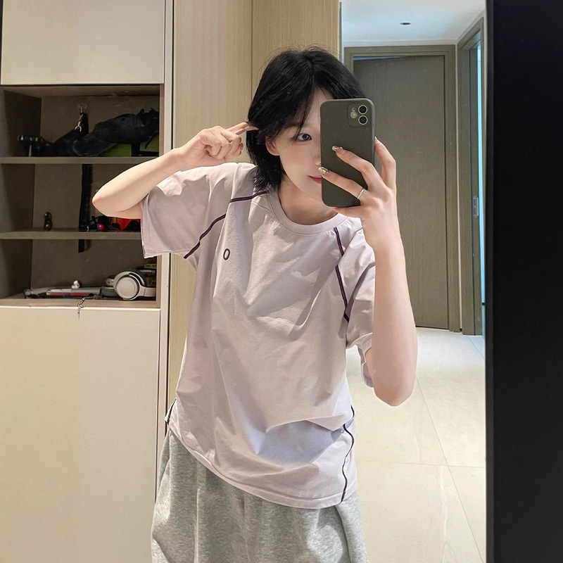 明线速干运动短袖女款夏季户外轻薄凉感防晒插肩t恤羽毛球骑行服|undefined