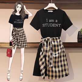 棉质假两件套拼接连衣裙大码女装2025夏季新款胖妹妹遮肚格子裙子