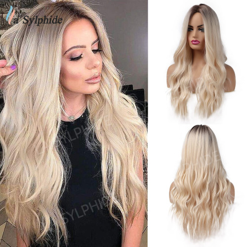 Cross-border European and American wigs for women, high-temperature silk hair, brown golden gradient, middle parting without bangs, big wavy hair