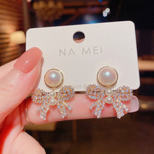 s925银针韩国高级感珍珠锆石镂空蝴蝶结耳环个性时尚夸张大气耳饰