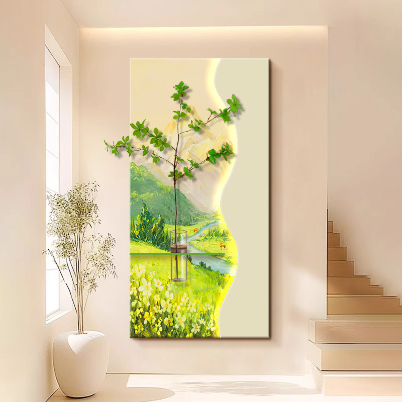 奶油风玄关装饰画高级感立体砂岩画水培绿植走廊过道led壁灯挂画|undefined