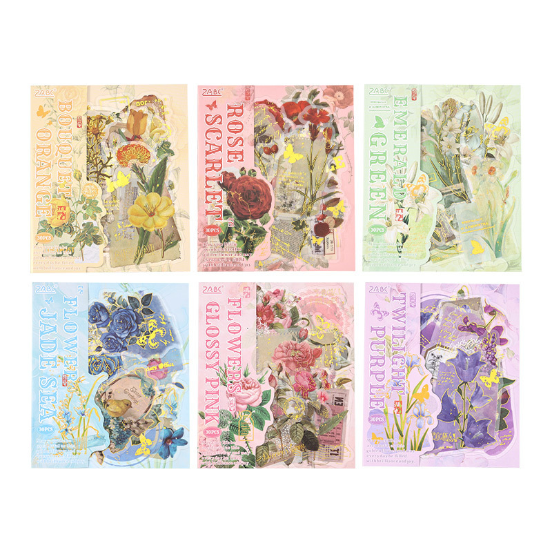 Paquete de pegatinas impermeables PET serie de flores doradas retro 30 pegatinas de material decorativo floral estampado