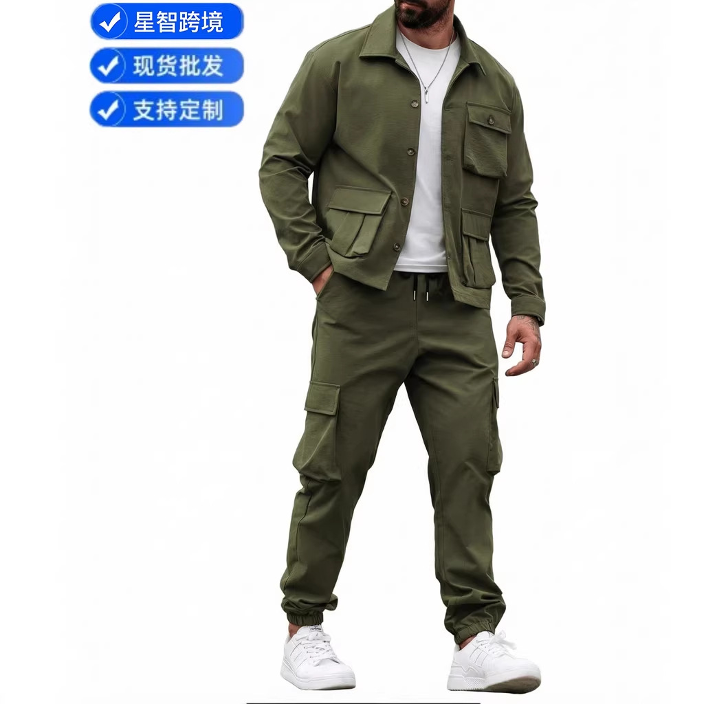 Chaqueta de trabajo de bolsillo para hombre primavera y otoño casual versátil Amazon AliExpress tendencia transfronteriza dos piezas