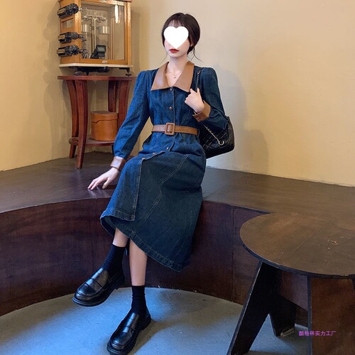 Gentle autumn tie and waist pinching dress, large size fat mm, slimming waist waist, long-sleeved shirt, denim skirt, medium and long length