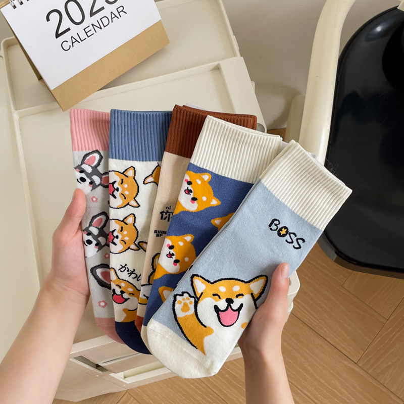 Boneless socks women's Korean-style mid-calf length socks ins trendy stockings all-match Japanese-style stockings cute cartoon dog pattern