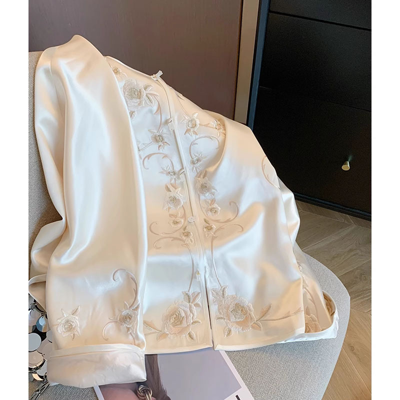 Women's Clothing heavy embroidery acetate satin round neck short jacket 2024 spring women's national style high style temperament top_voghion.com