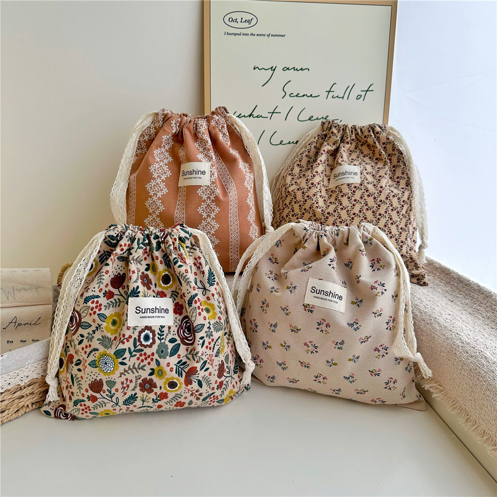 Ins estilo mori algodón cepillado color tierra floral bolsa de cordón clasificación en el hogar bolsa de almacenamiento bolsa de viaje grande