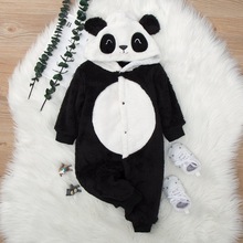 2023新款宝宝冬季厚款熊猫元素爬爬服男婴女婴可爱连帽纽扣连体衣