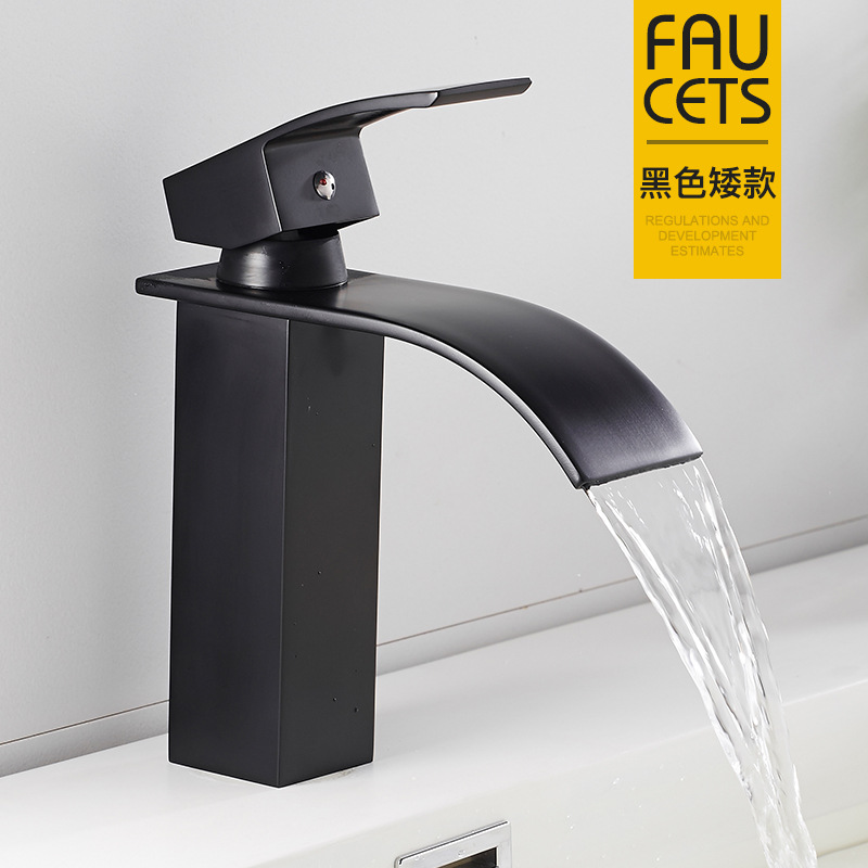 Cascada Cuenca del grifo de cobre caliente y fría lavabo mueble de baño negro lavabo de baño cuenca transfronteriza image 7