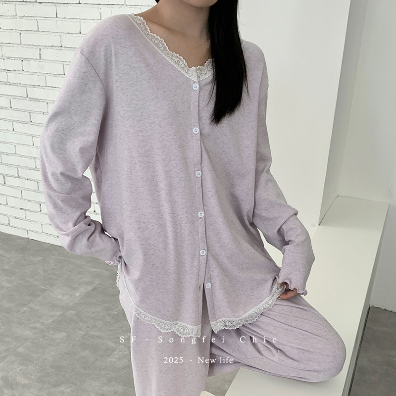 3727韩风蕾丝睡衣套装秋冬新款木耳边系扣宽松长袖家居服二件套慵|undefined