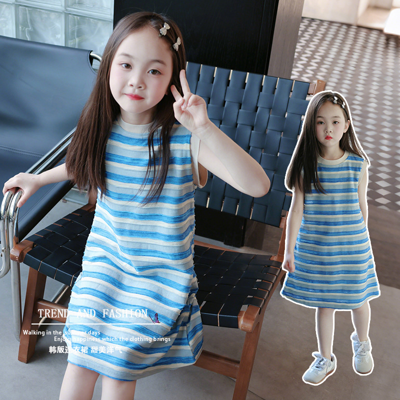 Loose Girls' Dress Summer Korean Style T-Shirt Skirt Kidsren's Fashionable Baby Summer Dress Thin Mid-Length Style