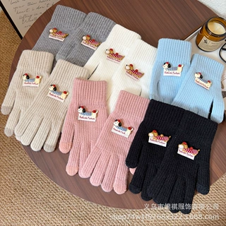 韩版时尚可爱腊肠狗女生毛线手套秋冬季防寒保暖加厚骑行触屏五指
