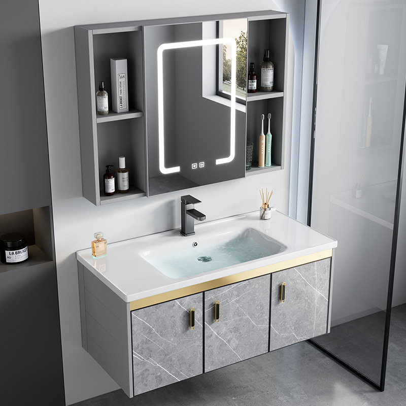 Luz de lujo espacio de aleación de aluminio baño combinación de gabinete de baño placa de roca lavabo integrado lavabo