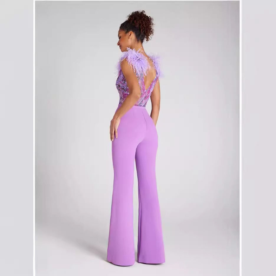 AliExpress nueva lentejuelas bordado con cuello en V sin mangas pluma hombro púrpura cintura alta mono moda fiesta traje