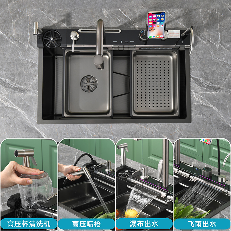 Fregadero de cocina inteligente multifuncional grande de un solo cubo con soporte para teléfono, modelo nuevo 2025, diseño de gota de lluvia Azul Ballena.