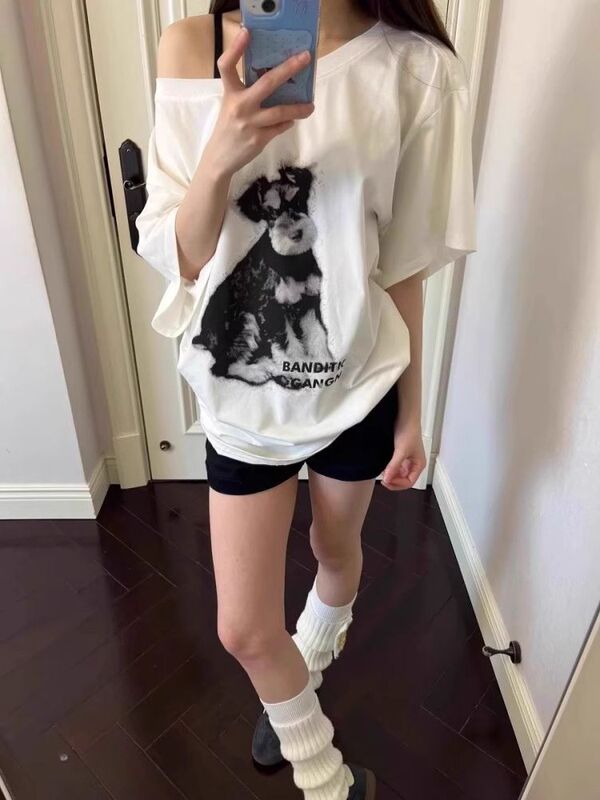 アメリカンホットガール子犬プリントオフショルダー半袖Tシャツレディース夏ルーズカジュアルレイジーオフショルダーオールマッチトップ|undefined