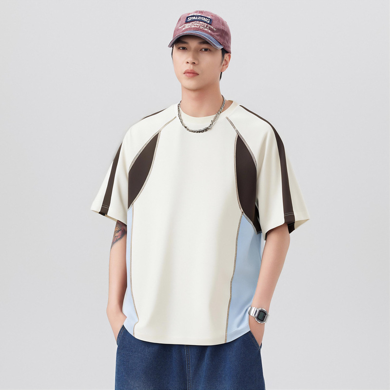 Summer New Trendy Brand Color Block Patchwork Casual Round Neck Loose Fit Versatile Raglan Short Sleeve T-Shirt For Men_voghion.com