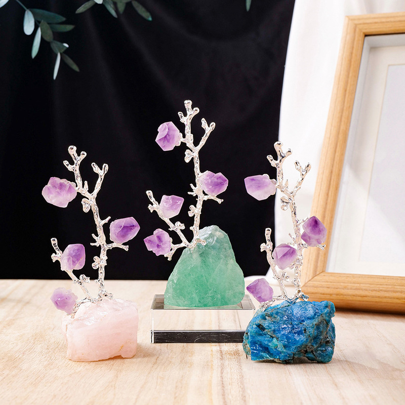 Natural Crystal Tree Amethyst Flower Healing Raw Stone Base Gem Bonsai Money Tree for Home Office Table