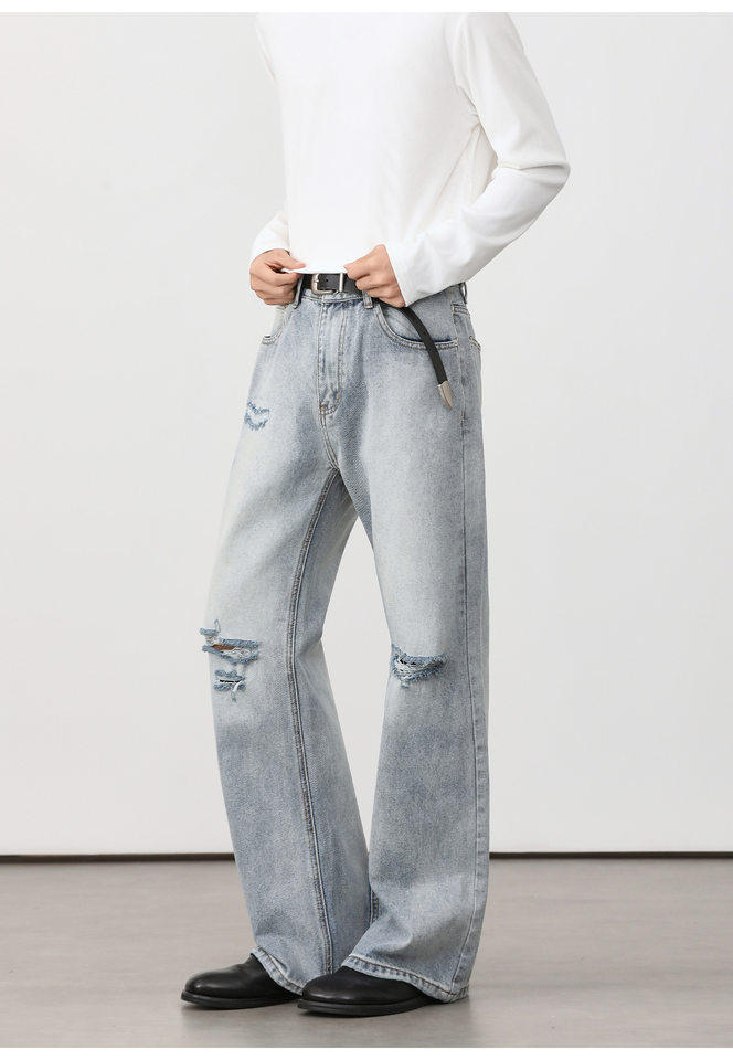 Quần jean nam ống loe nhẹ rách gối phong cách retro, dáng rộng ống suông tôn dáng, quần dài casual — Xanh nhạt, Xanh đậm chi tiết 29