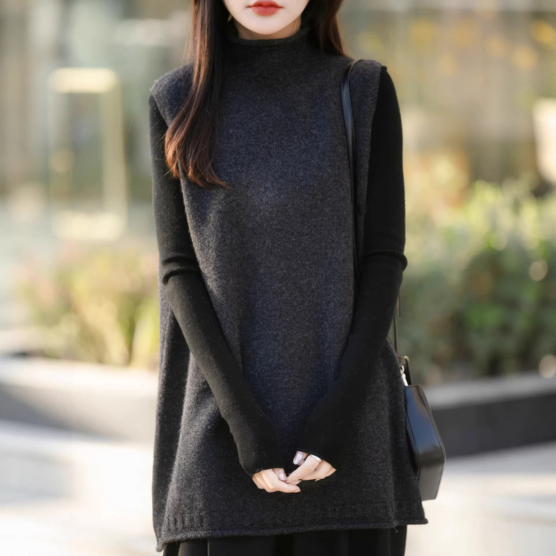 High-Neck Solid Color Long Knitted Vest Jacket for Women 2026 New Stylish Plus-Size Women's Top Autumn and Winter Sweater
