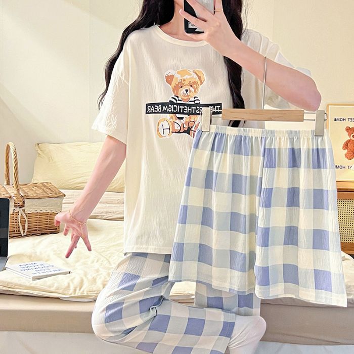 En nombre de la nube de algodón de tres piezas de verano nuevos pijamas de dibujos animados de mujer cuello redondo pantalones cortos de manga corta pantalones traje de servicio a domicilio