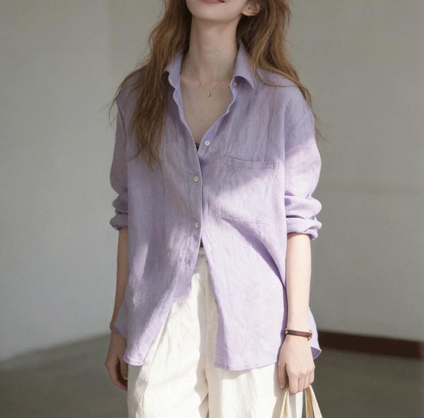 Áo sơ mi nữ tay dài phong cách nhẹ nhàng chất cotton linen rộng rãi — Màu tím nhạt chi tiết 1