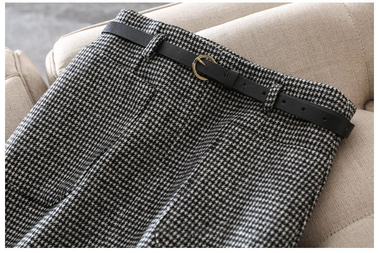 Chân váy nữ ca rô houndstooth cạp cao xẻ tà dáng ôm tôn dáng — Ca rô, Màu xám chi tiết 14
