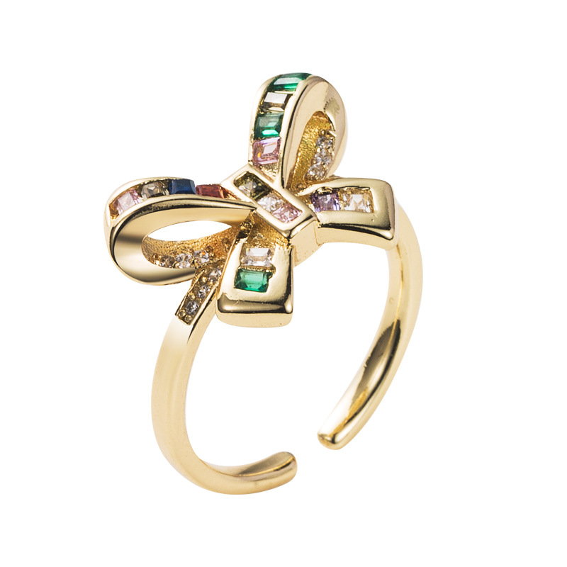 new copper gold-plated micro-set zircon bow star moon pearl ring