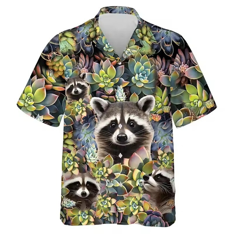3D Printed Cute Animal Pattern Raccoon Shirt Men's Beach Shirt Casual Short Sleeve Vacation Turn-down Collar Shirt