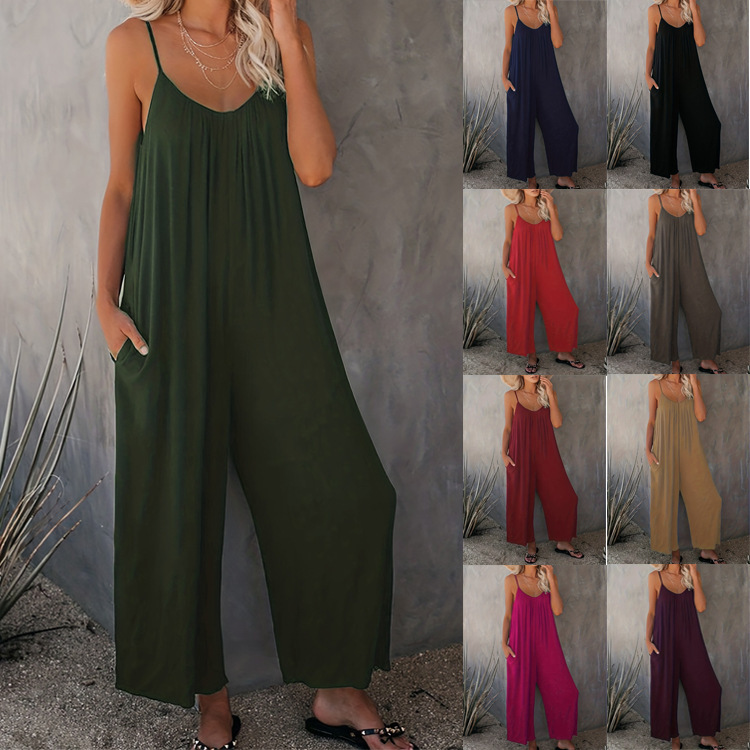 Plus Size European and American Suspender Jumpsuit for Women 2025 Summer New Cross-Border Solid Color Pocket Casual Jumpsuit