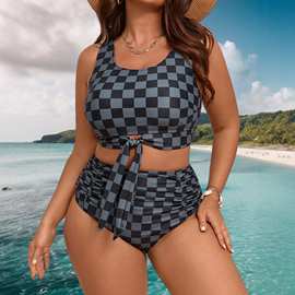 2026欧美跨境新款亚马逊大码女士分体比基尼数码印花系带现货泳衣