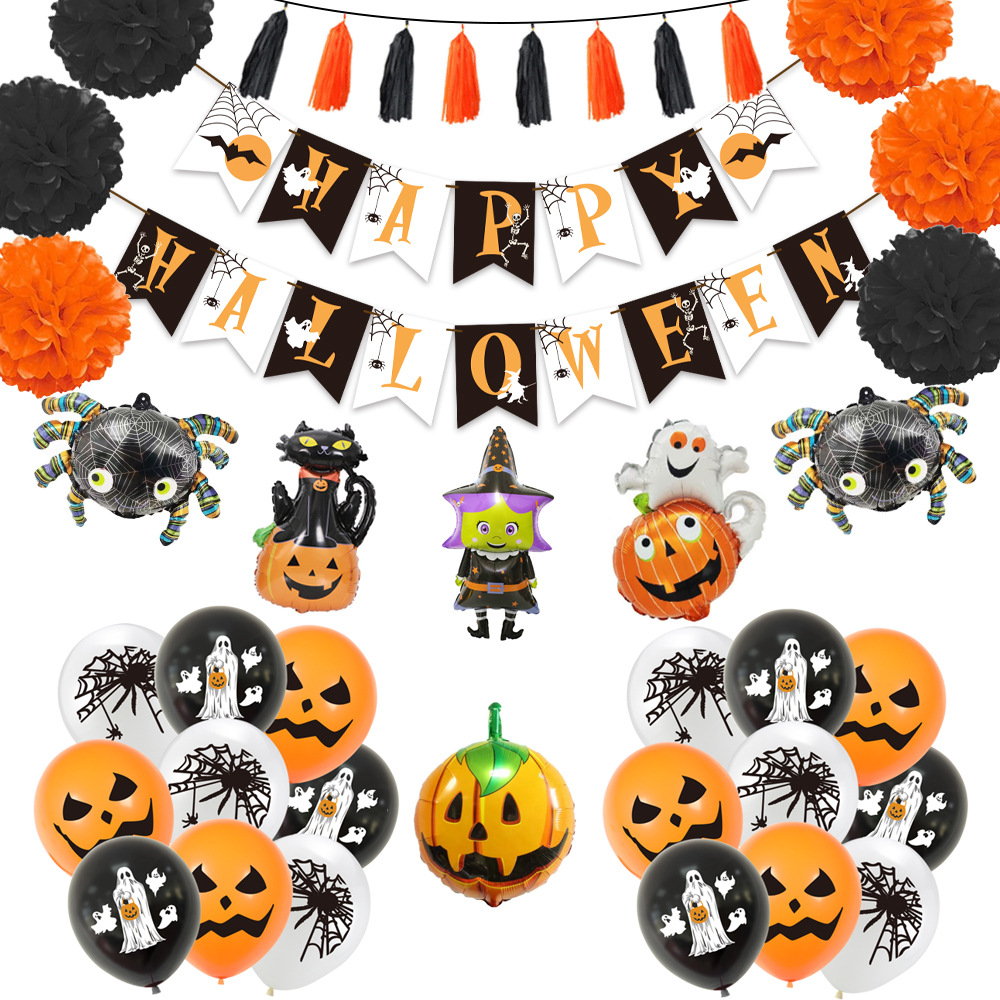 Ensemble de ballons en latex, citrouille, araignée, sorcière, film d'aluminium, boule de fleurs en papier, décoration de fête d'Halloween_voghion.com