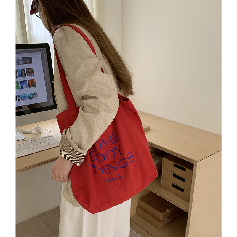 Red Bag Women's Spring and Summer Contrast Color Letter Canvas Bag Korean Style Ins Large Capacity Tote Bag Lazy Shoulder Bag