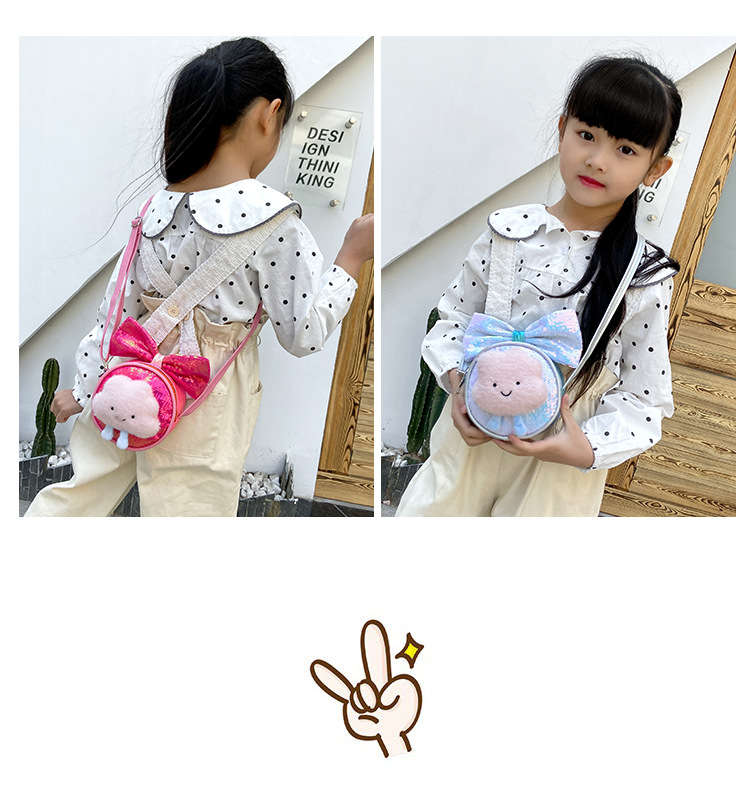 Kid'S Small Pu Leather Clouds Bow Knot Cute Sequins Round Zipper Crossbody Bag display picture 14