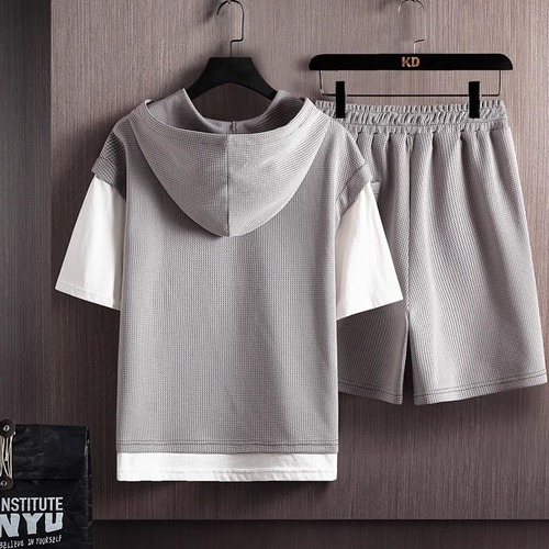 Men's Loose Plus Size Honeycomb Short Sleeve Suit Set, Summer Trend Brand Pseudo Two-Piece Hooded T-Shirt, Complete Set for Men