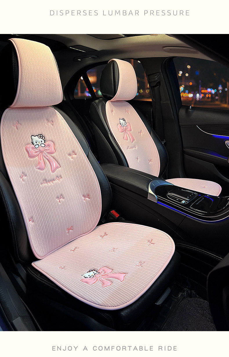Car seat cushion, summer cooling pad, suitable for all seasons, cute KT cat single-piece car pad, breathable linen car seat cover