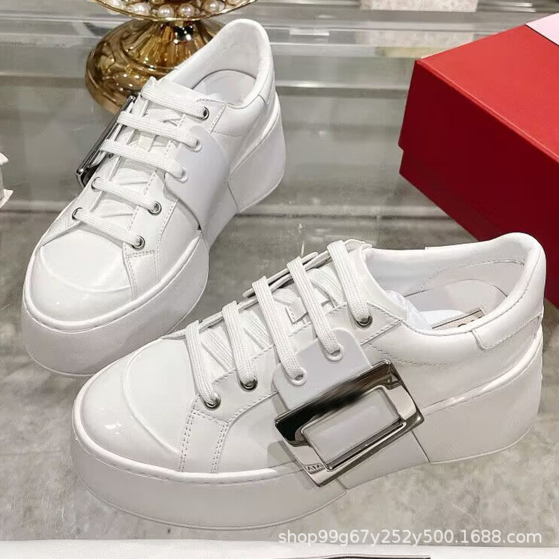 R High-End New Model Rhinestone White Sneakers with Snowflake Square Buckle Loafers Versatile Casual Height-Increasing Platform Shoes Thick-Soled Sports Shoes