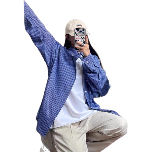 Women's Early Autumn Fashion College Style Loose Layering Base Coat Blue Grid Shirt Outerwear