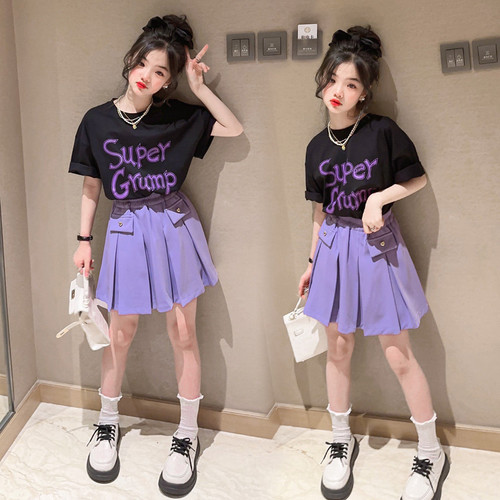 Girls' short-sleeved skirts, fashionable summer T-shirts, pleated skirts, preppy suits, and older children's two-piece summer suits