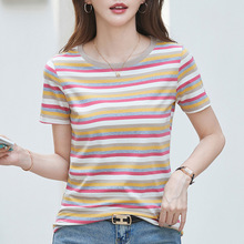 棉质圆领撞色条纹短袖T恤女夏季新款韩版休闲体恤衫宽松上衣