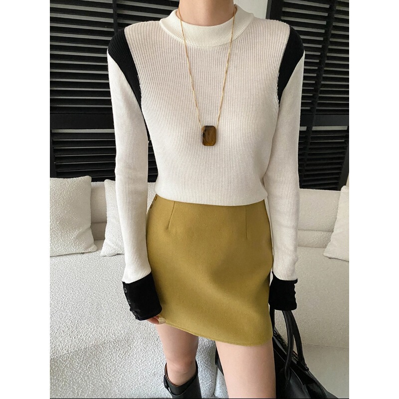 Sinan Early Spring New Style French Retro Velvet Color-Block Slim Fit Knitted Sweater Base Layer Sn8536