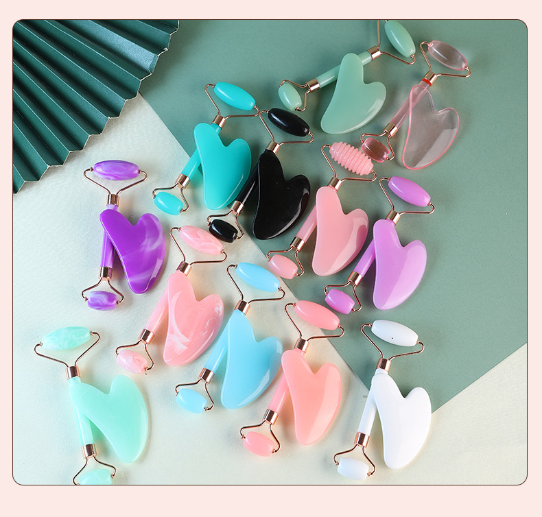 Resin Facial Gua Sha Massage Board Set with Roller Brush for Face and Meridian Care details