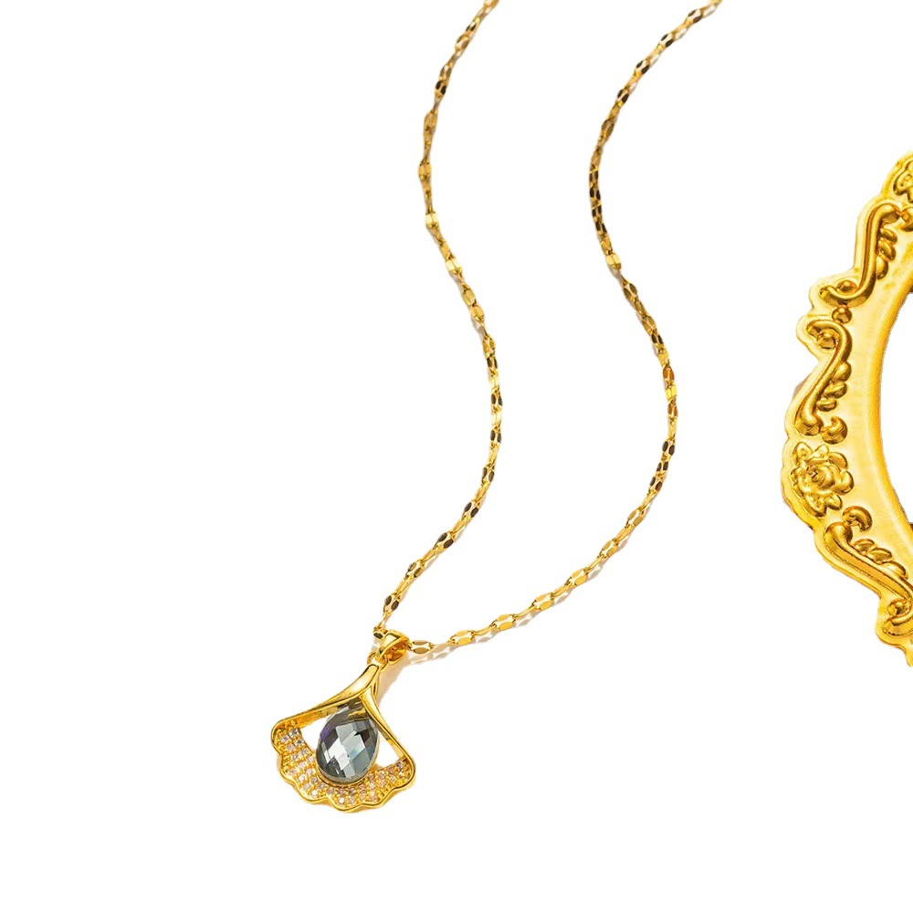 New Korean Ginkgo Leaf Crystal Zircon Set with Diamonds, Elegant and Elegant Design, Droplet shaped Earrings, Necklace,_voghion.com